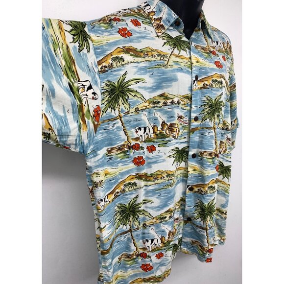 Big Dogs Men Button Up Tropical Shirt Blue Green Small Medium Short Sleeve EUC - Picture 5 of 8